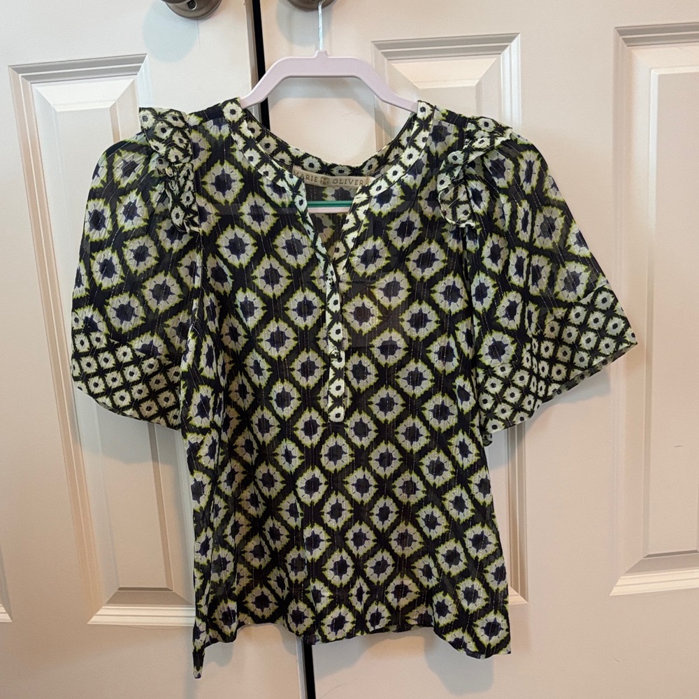 Green and Navy Blue Geometric Blouse